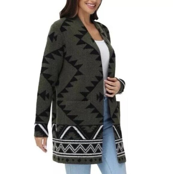 NWOT Frye Women's L Aztec Pattern Cardigan Sweater Polyester Spandex Open front - Picture 4 of 10